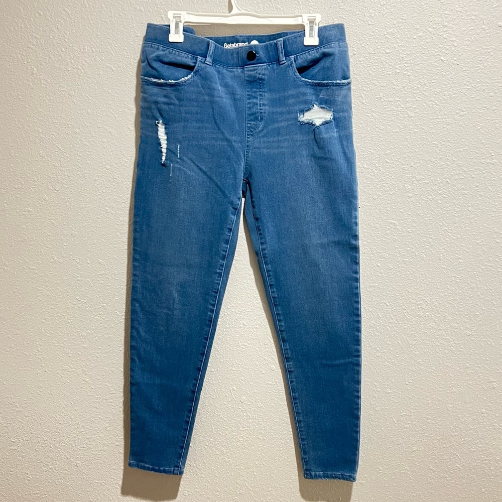 Betabrand distressed mid wash skinny jeans large